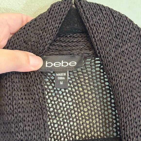 Bebe Poncho Cardigan Women M Black Fringed Shawl Collar Open Knit Sweater Winter - Picture 8 of 9